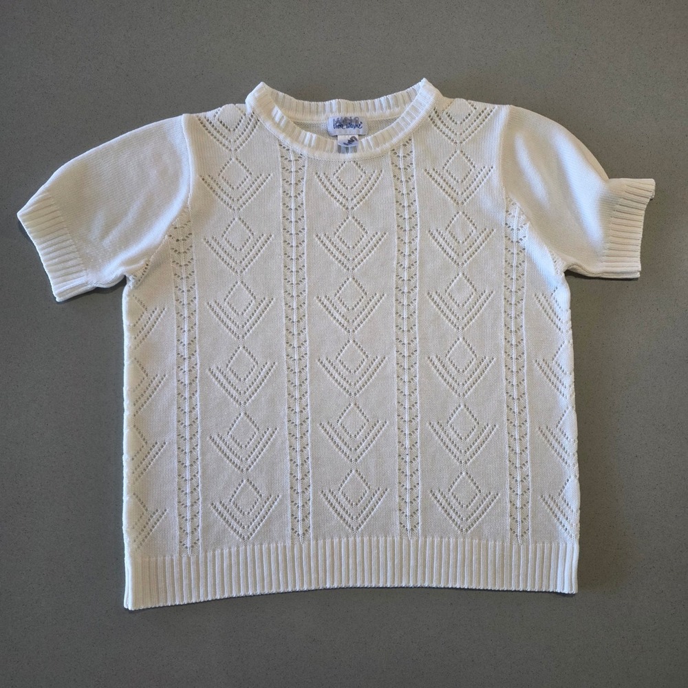 Vicki Wayne Vintage Cream Pointelle Knit Short Sleeve Sweater Geometric Diamond‎